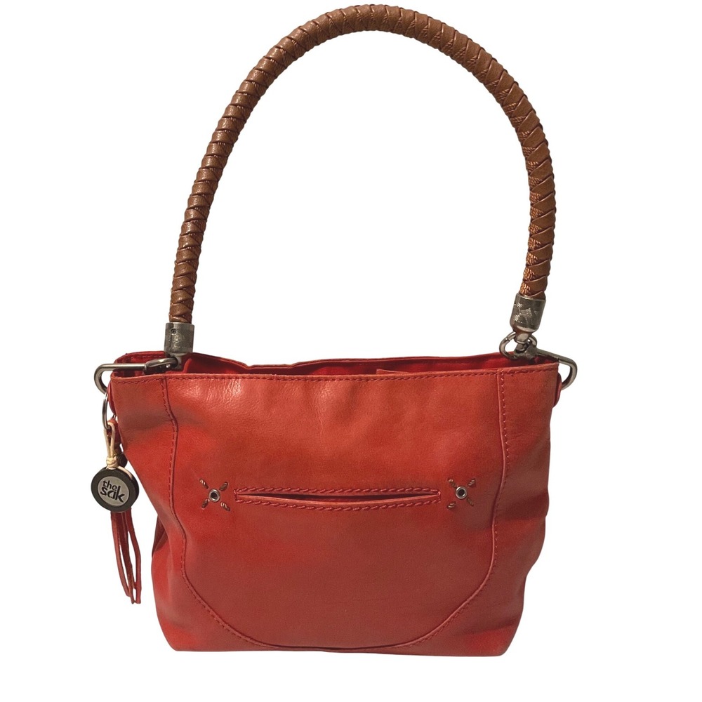 The Sak Red Leather Shoulder Bag Braided Handle Boho Whipstitch Tassel Purse